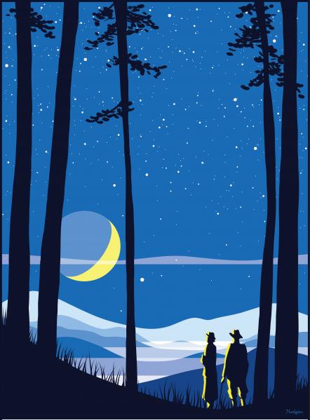 Illustration of two people looking at the moon and night sky through trees